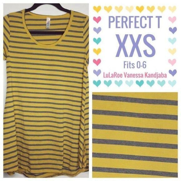 LuLaRoe Perfect T XXS Yellow Grey Stripes NEW - Picture 1 of 1